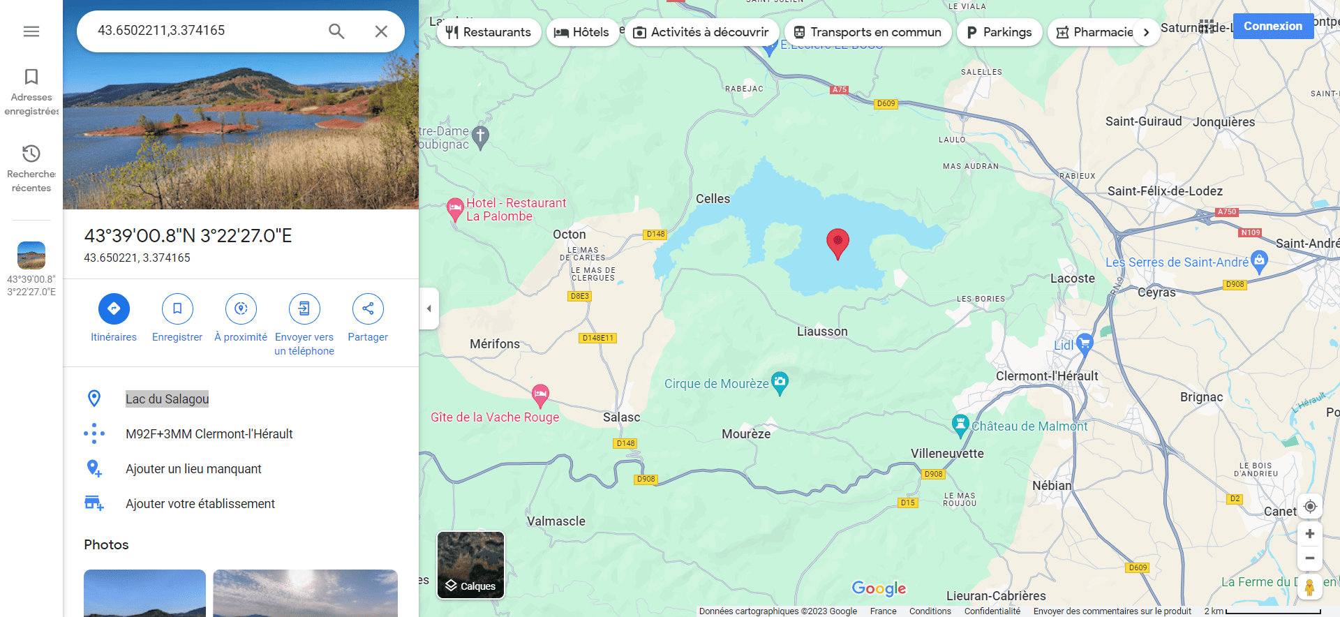 Latitude : 43.6502211 Longitude : 3.374165, coordonnée GPS Lac du