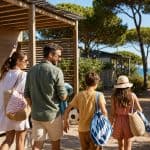 famille rejoignant la plage depuis son hébergement dans un camping méditerranéen