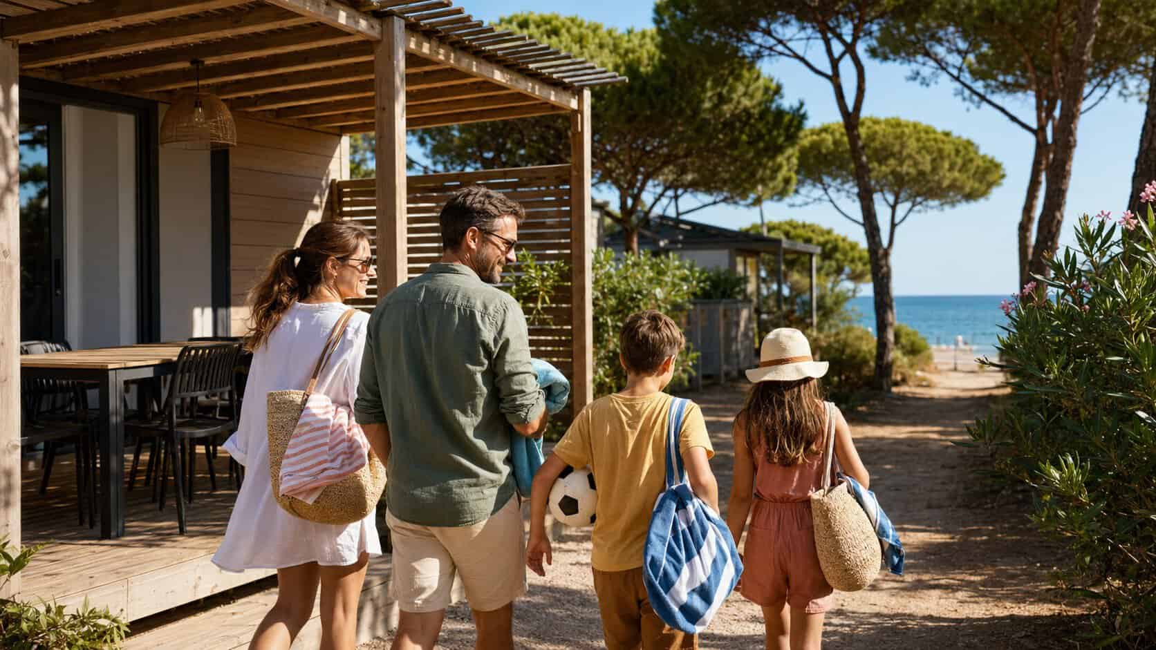 famille rejoignant la plage depuis son hébergement dans un camping méditerranéen