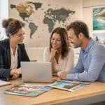 un couple prépare son séjour avec une conseillère dans une agence de voyages.