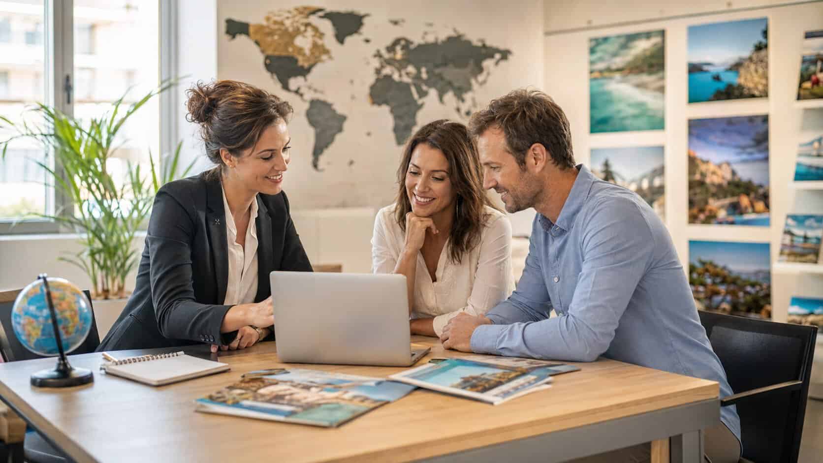 un couple prépare son séjour avec une conseillère dans une agence de voyages.