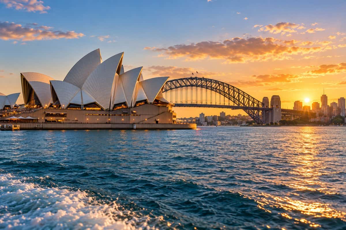 Illustration de l’Opéra de Sydney et du Harbour Bridge au coucher du soleil, en Australie