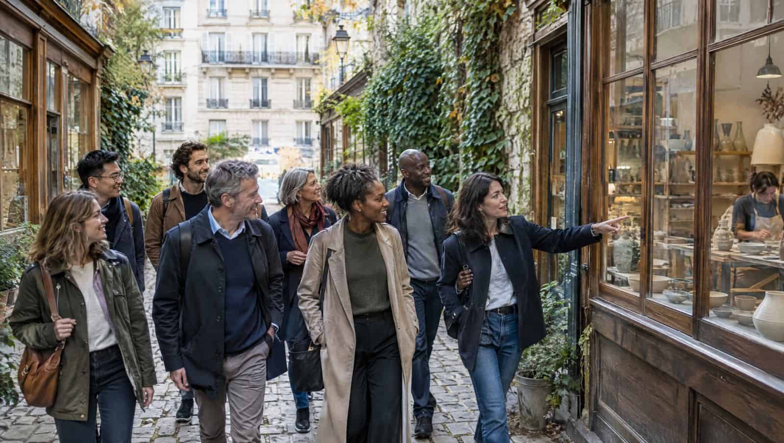 Équipe en séminaire marchant dans un passage pavé du faubourg Saint-Antoine à Paris, devant la vitrine d’un atelier de céramique